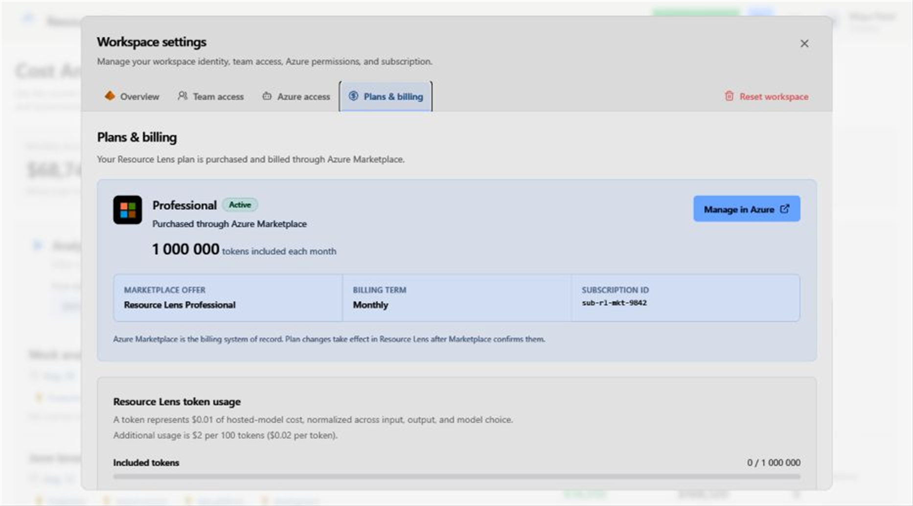 Resource Lens settings for Azure access, Marketplace plan, and AI-token usage