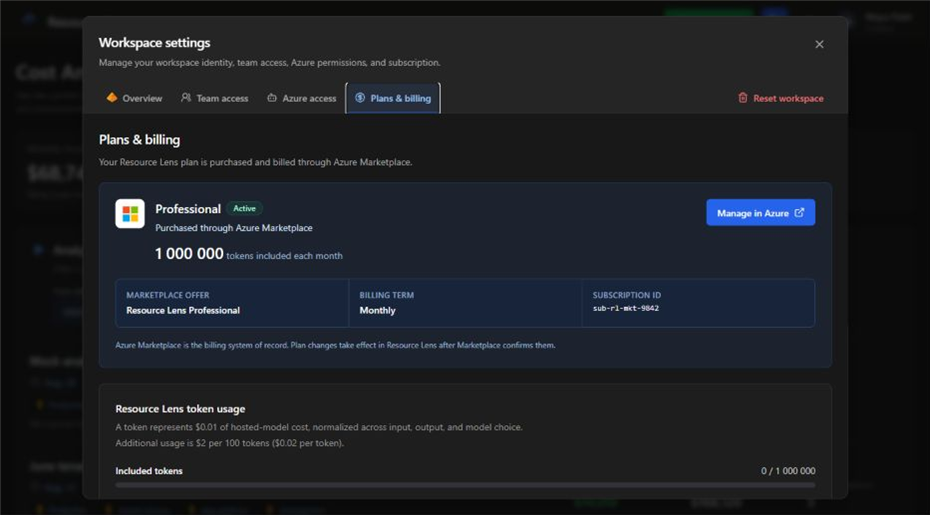 Resource Lens settings for Azure access, Marketplace plan, and AI-token usage